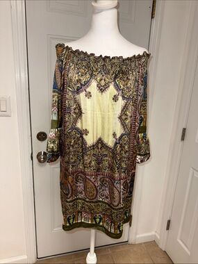 Pookie & Sebastian Off-Shoulder Paisley  Dress in Olive & Gold one size
